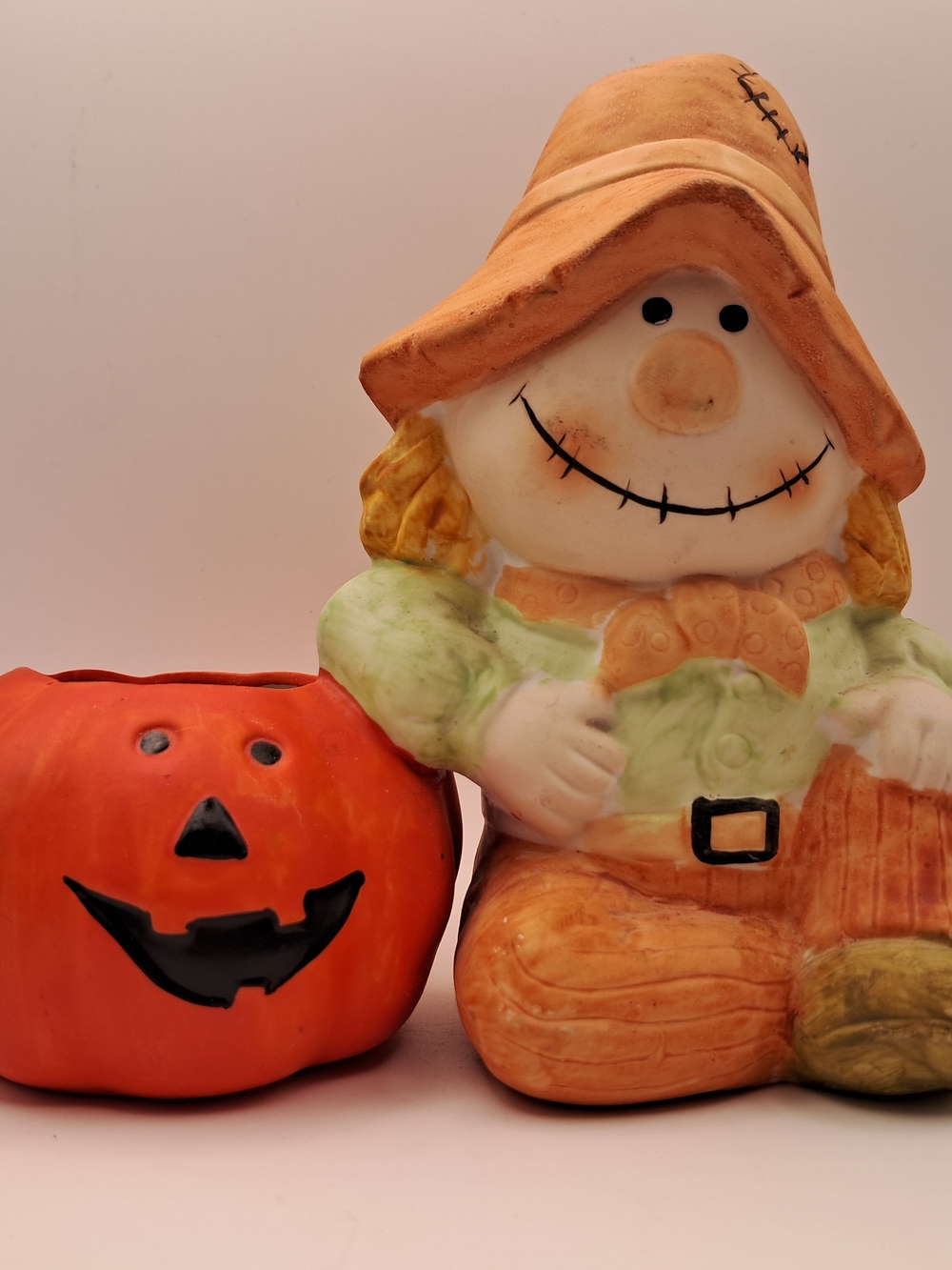 Vintage Halloween Ceramic Scarecrow & Jack-O'-Lantern Planter Votive Fall Decor